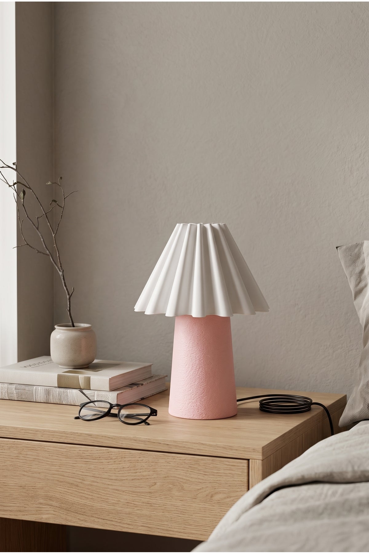 Kony Modern Dekoratif Masa Lambası Abajur - Minimalist Komodin ve Yatak Odası Aydınlatması [Led Ampül Hediye] - Pembe