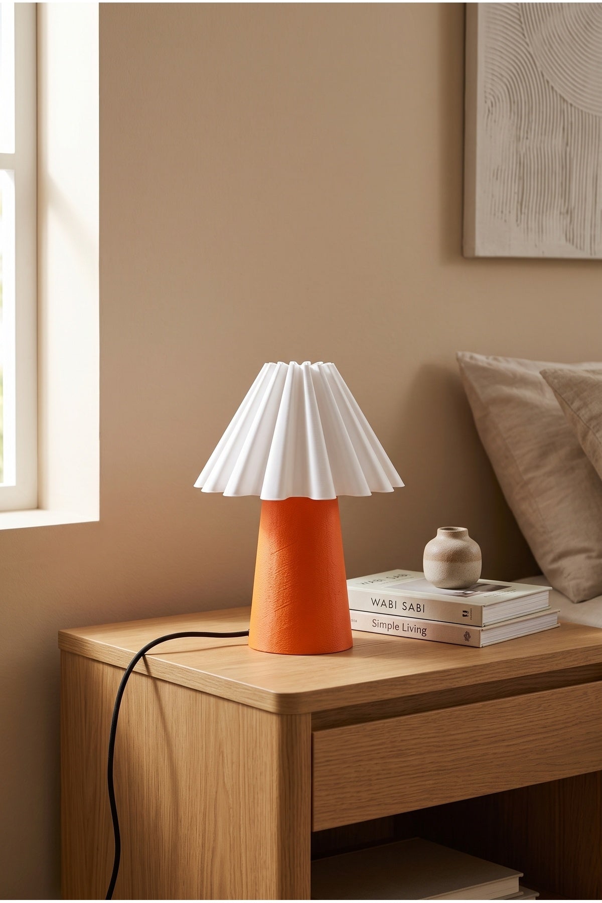 Kony Modern Dekoratif Masa Lambası Abajur - Minimalist Komodin ve Yatak Odası Aydınlatması [Led Ampül Hediye] - Turuncu